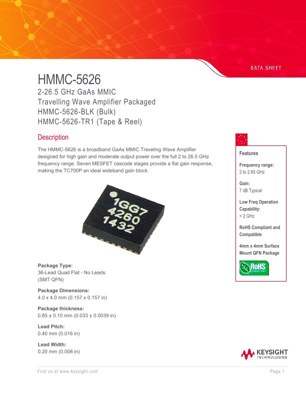 HMMC-5626 – 2-26.5 GHz GaAs MMIC
