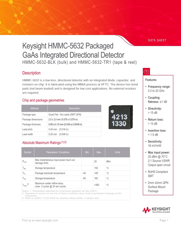 HMMC-5632 Packaged GaAs Integrated Directional Detector