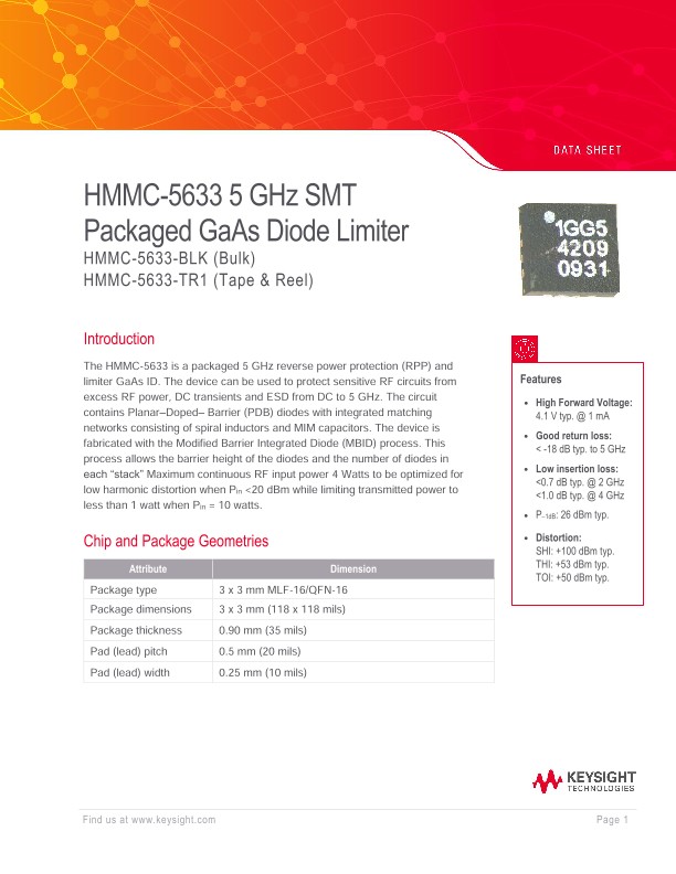 HMMC-5633 5 GHz SMT Packaged GaAs Diode Limiter
