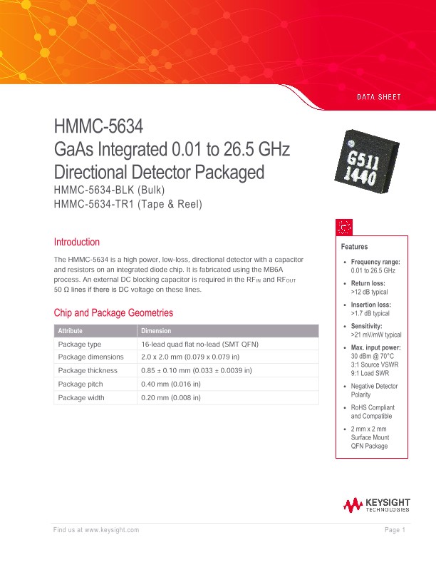 HMMC-5634 GaAs Integrated 0.01-26.5 GHz Directional Detector Packaged