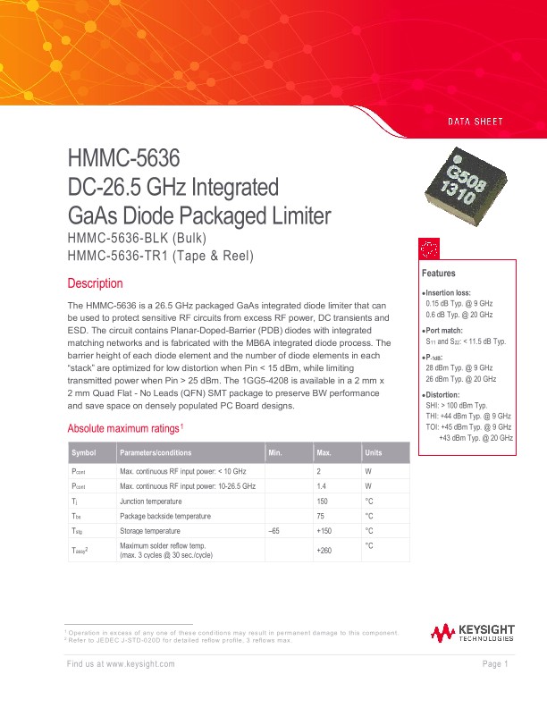 HMMC-5636 DC-26.5 GHz Integrated GaAs Diode Packaged Limiter