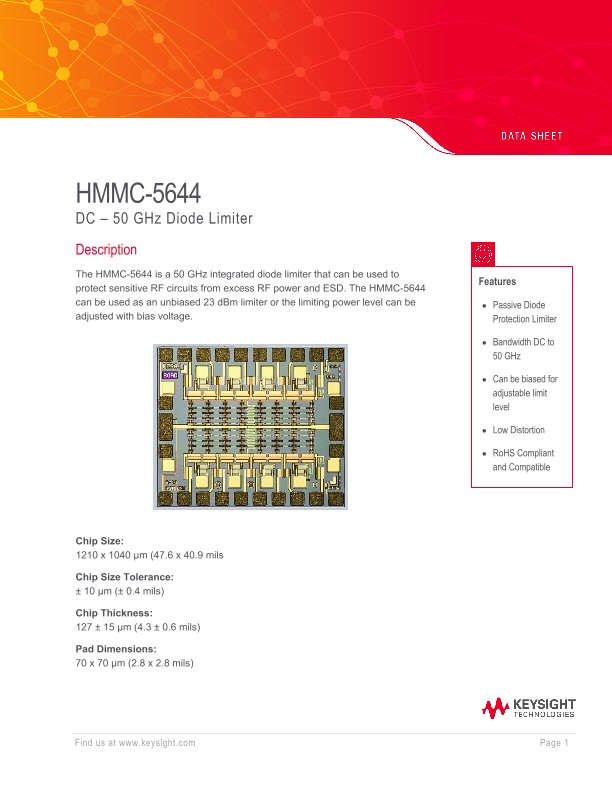 HMMC-5644 – DC - 50 GHz Diode Limiter