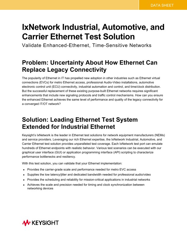 IxNetwork Industrial, Automotive, and Carrier Ethernet Test Solution