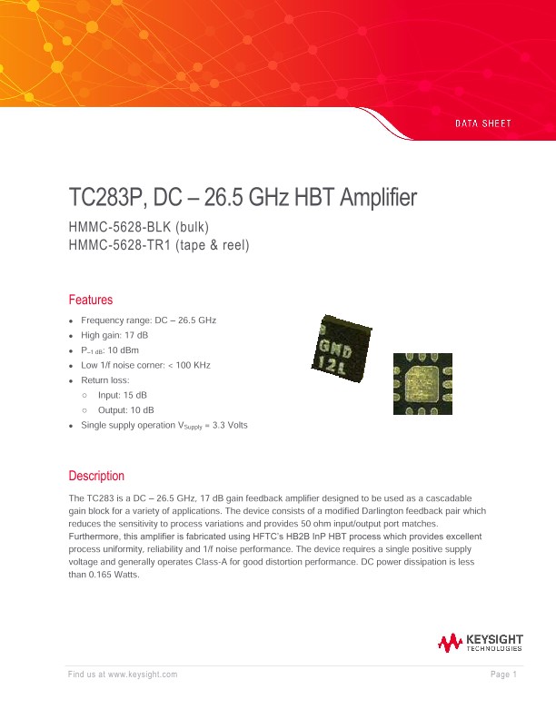 TC283P, DC – 26.5 GHz HBT Amplifier