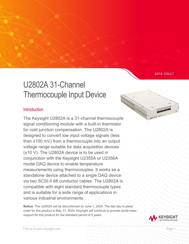 U2802A 31-Channel Thermocouple Input Device