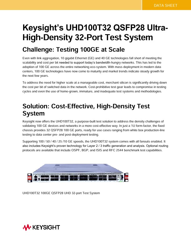 Keysight's UHD100T32 QSFP28 Ultra-High-Density 32-Port Test System