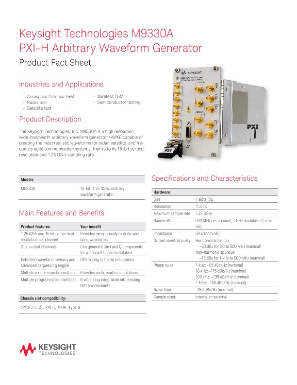 M9330A PXI-H Arbitrary Waveform Generator – Product Fact Sheet