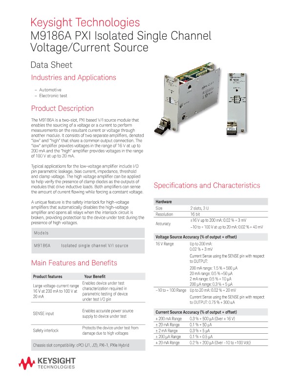 M9186A PXI Isolated Single Channel Voltage/Current Source