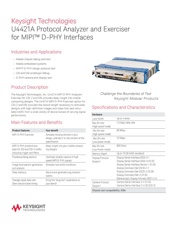 U4421A Protocol Analyzer and Exerciser for MIPI D-PHY Interfaces