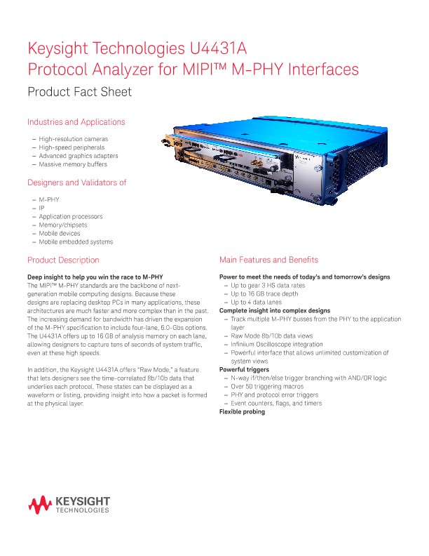 U4431A Protocol Analyzer for MIPI™ M-PHY Interfaces