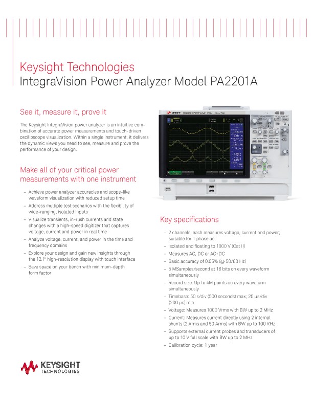 IntegraVision Power Analyzer Model PA2201A - Two page flyer