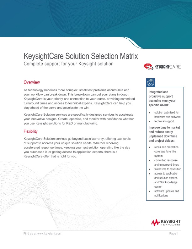 KeysightCare Solution Selection Matrix