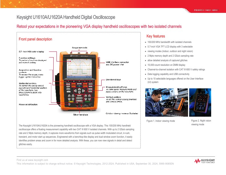 Keysight U1610A/U1620A Handheld Digital Oscilloscope - Product Fact Sheet