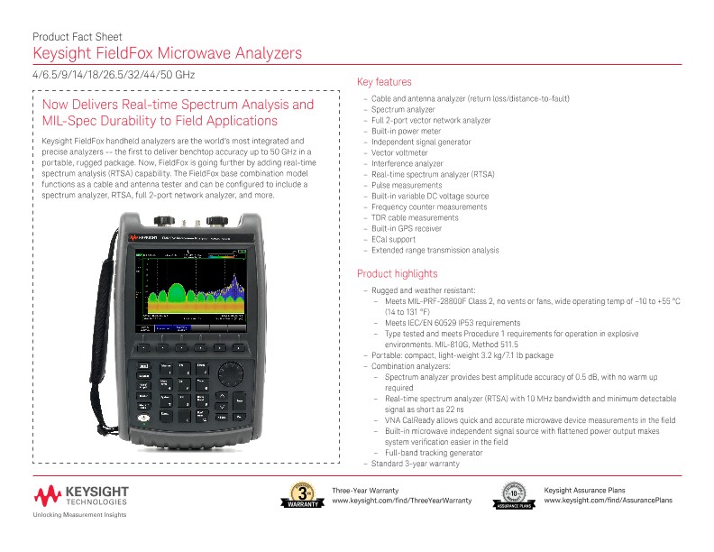 FieldFox Microwave Analyzers, 4/6.5/9/14/18/26.5/32/44/50 GHz – Product Fact Sheet