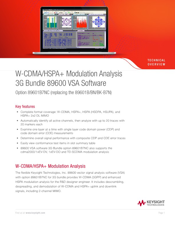 W-CDMA/HSPA+ Modulation Analysis 3G Bundle 89600 VSA Software Option 89601B7NC