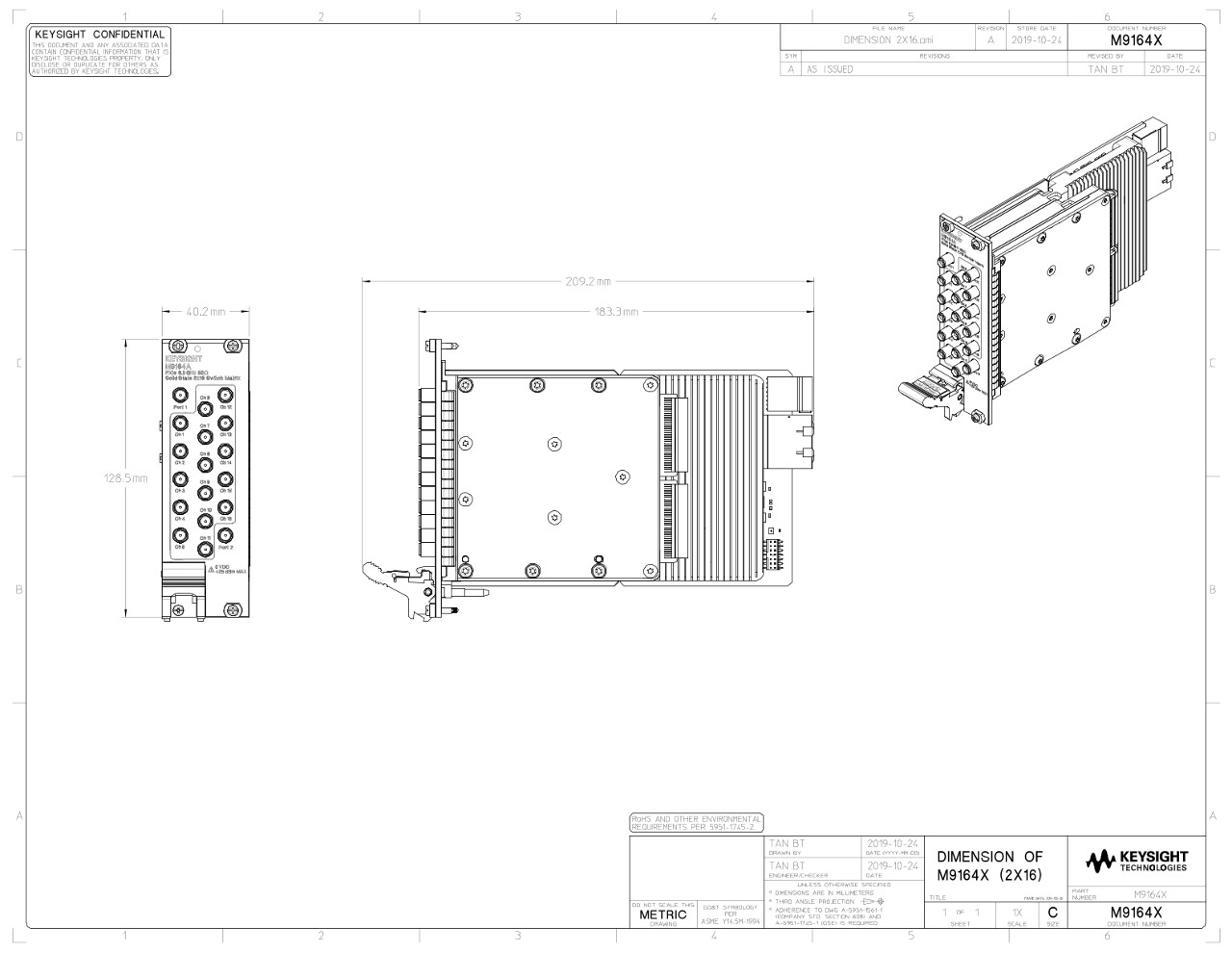 M9164x 2x16 USB solid state switch matrix 2D drawing, PDF Format