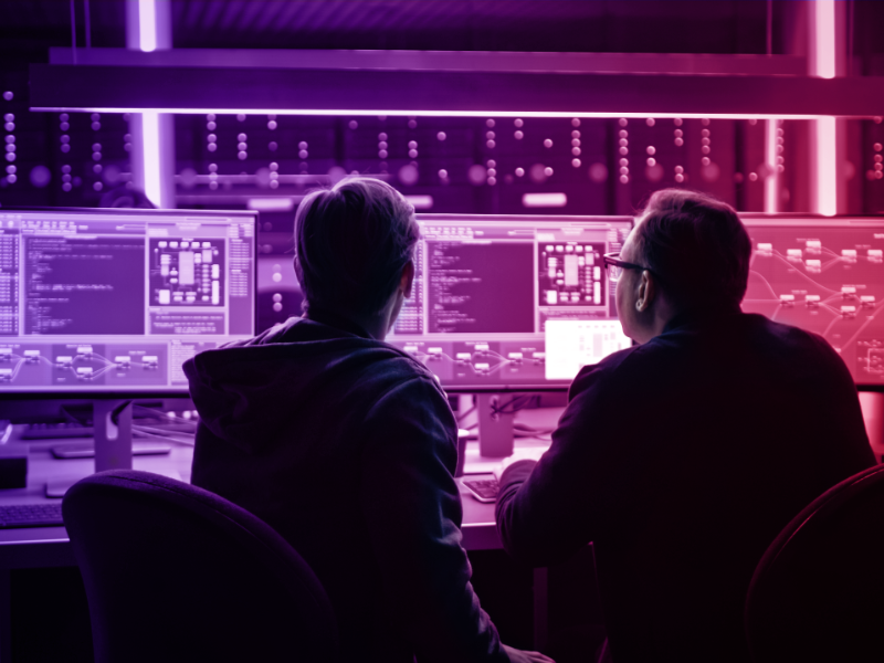 Two persons looking at screens