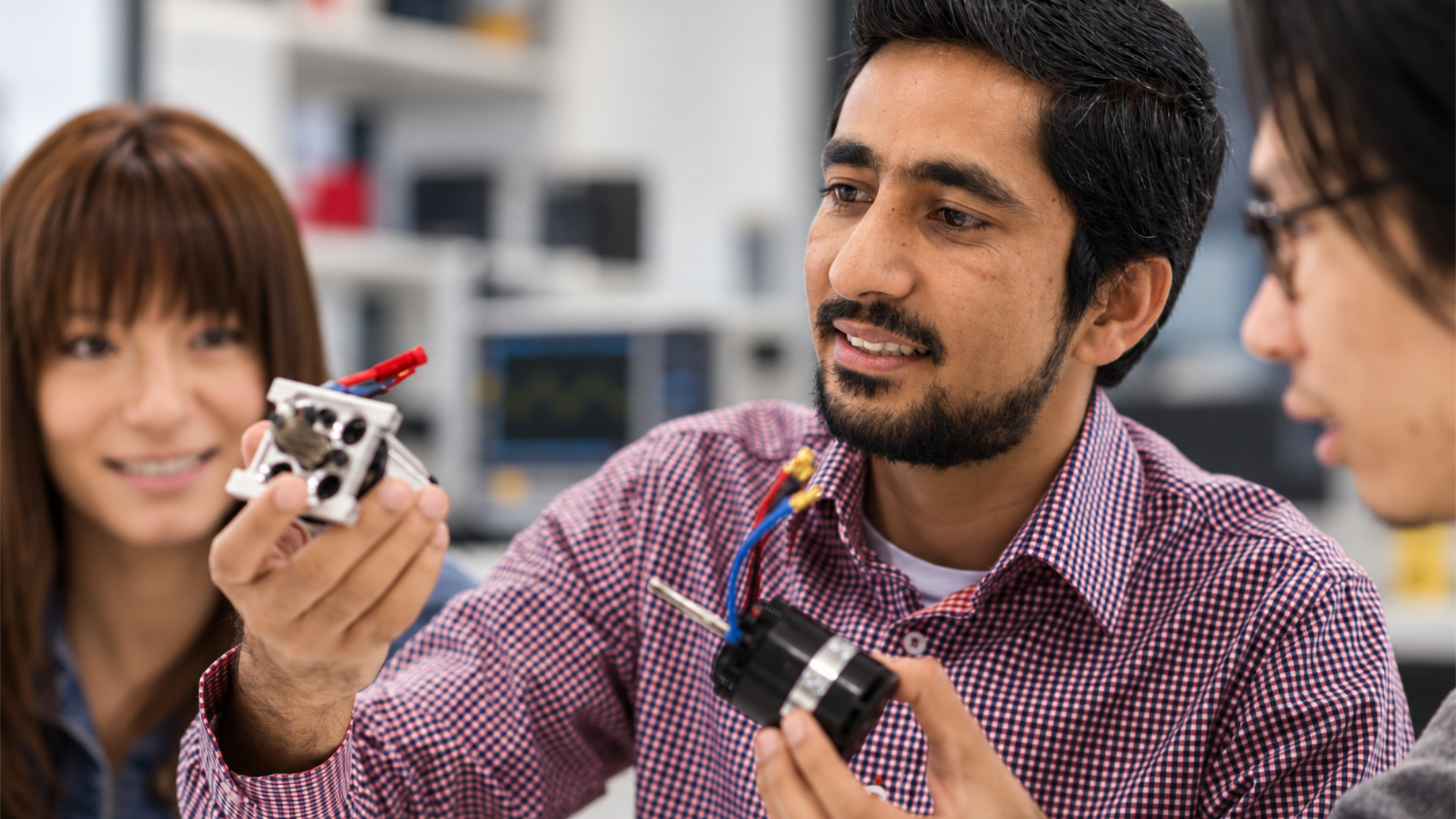 three engineers examining hardware