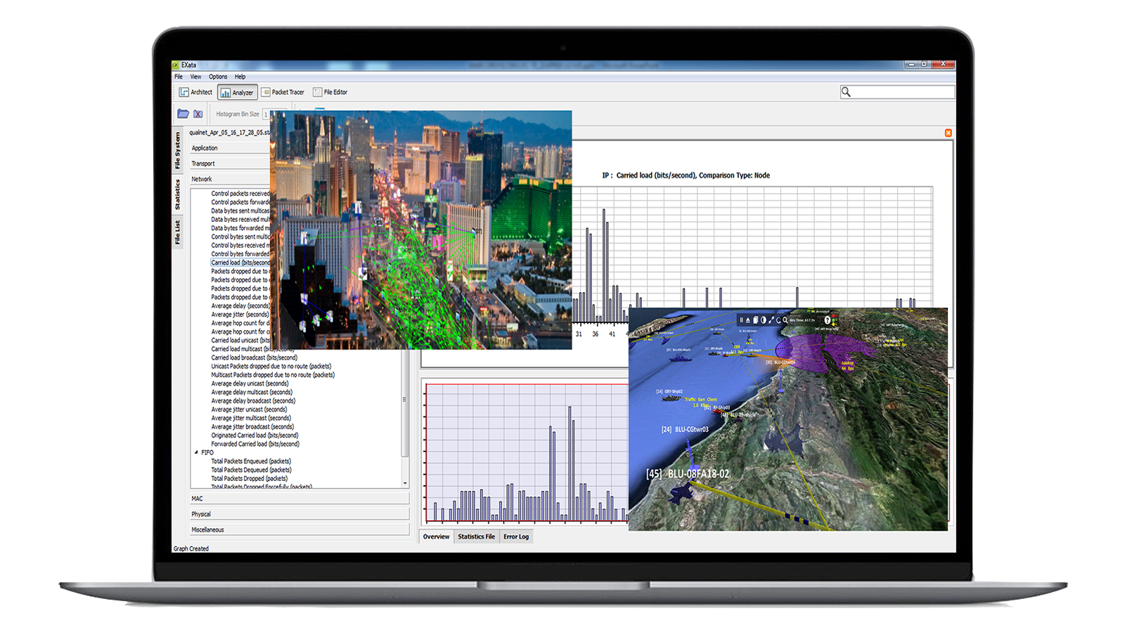 Laptop screen with EXata network modeling 5G software in action and analysis output