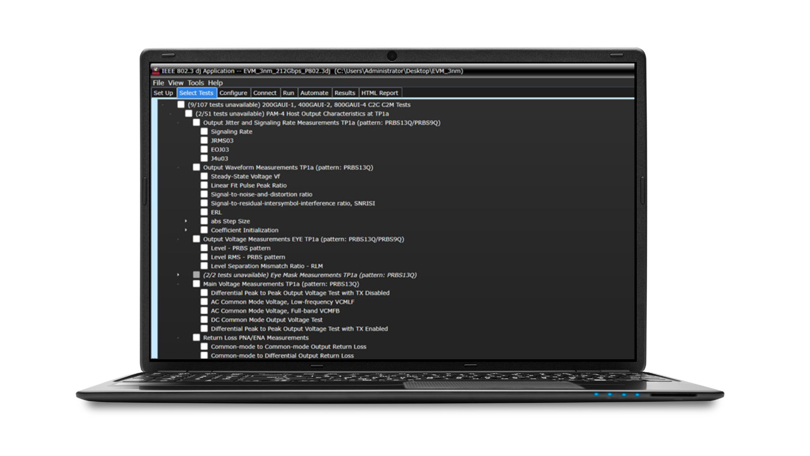 Screenshot der IEEE 802.3dj TX Testsoftware D90203DJC