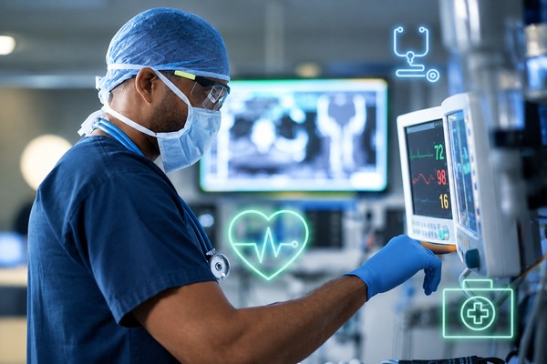 Healthcare worker using digital medical technology to treat patients in a hospital setting