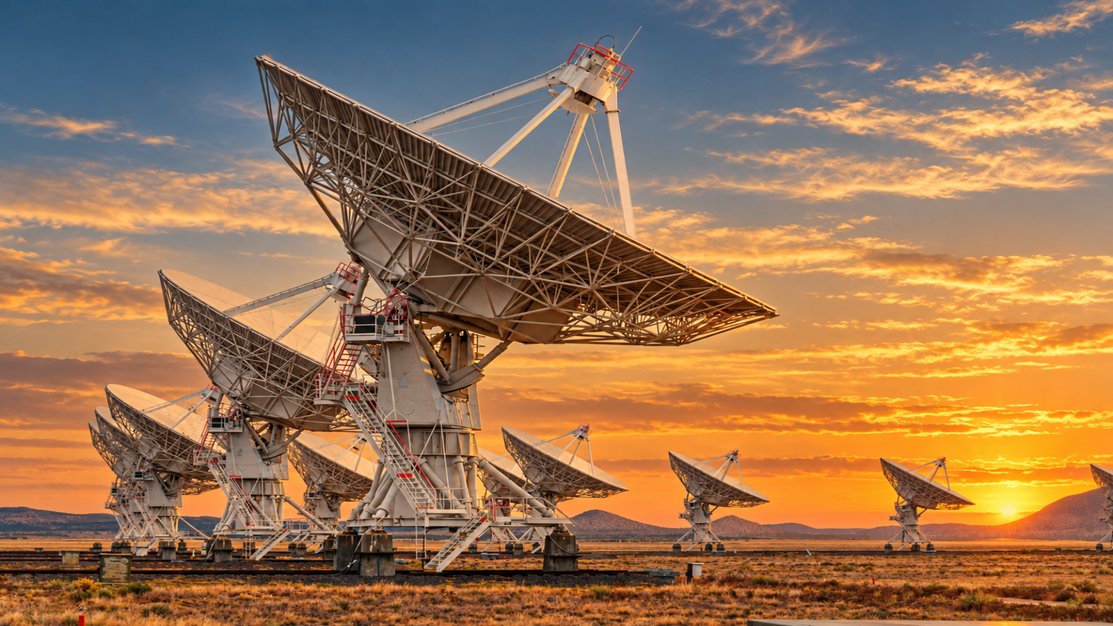 Several military satellite dishes pointed at the sky