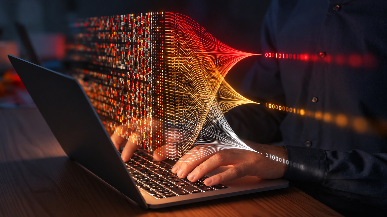 Person typing on a laptop with glowing red and blue data streams flowing from the screen.