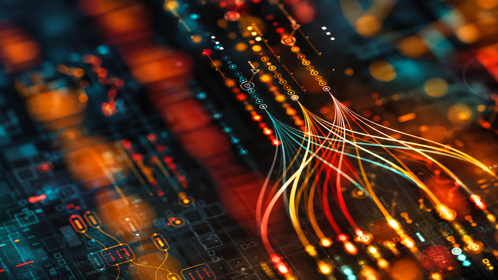 Close-up of a circuit board with red data streams over blue microchip components.