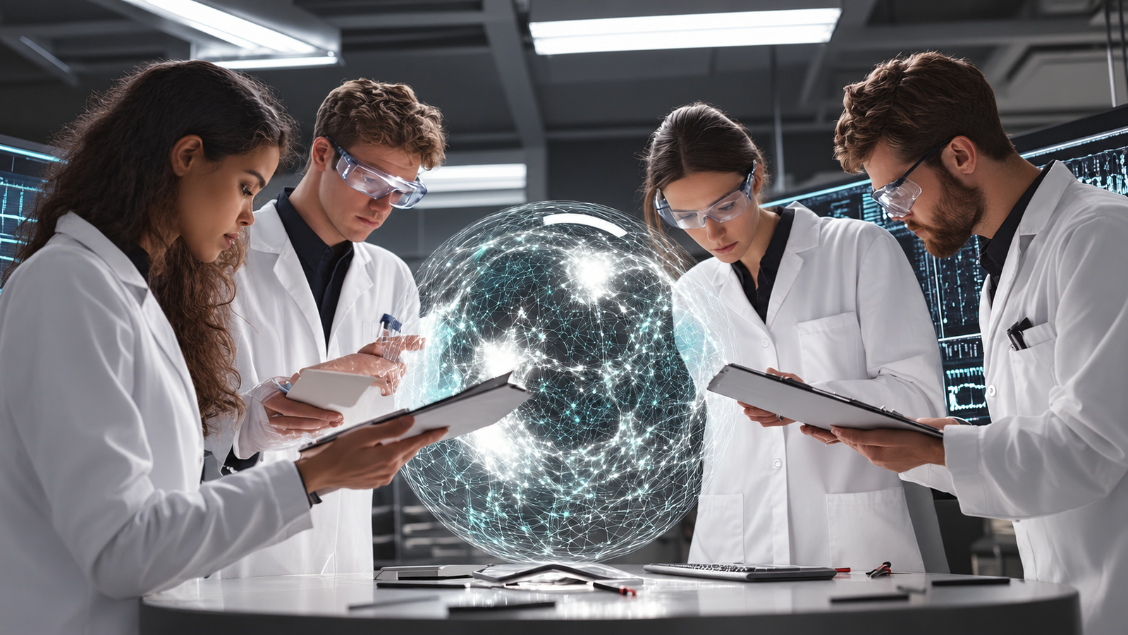 Professionals viewing a digital globe
