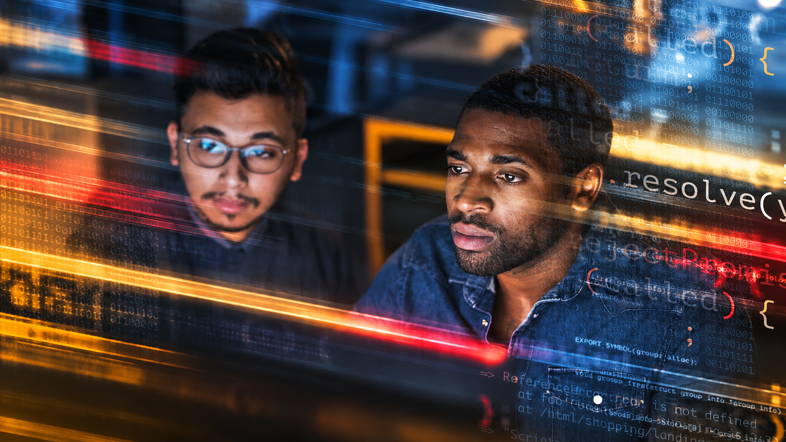 Two people looking at code