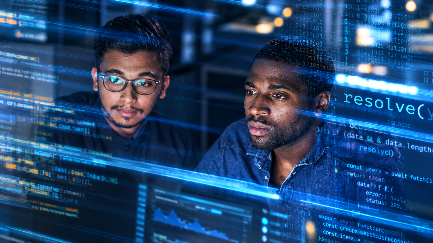 Two innovators looking at a screen