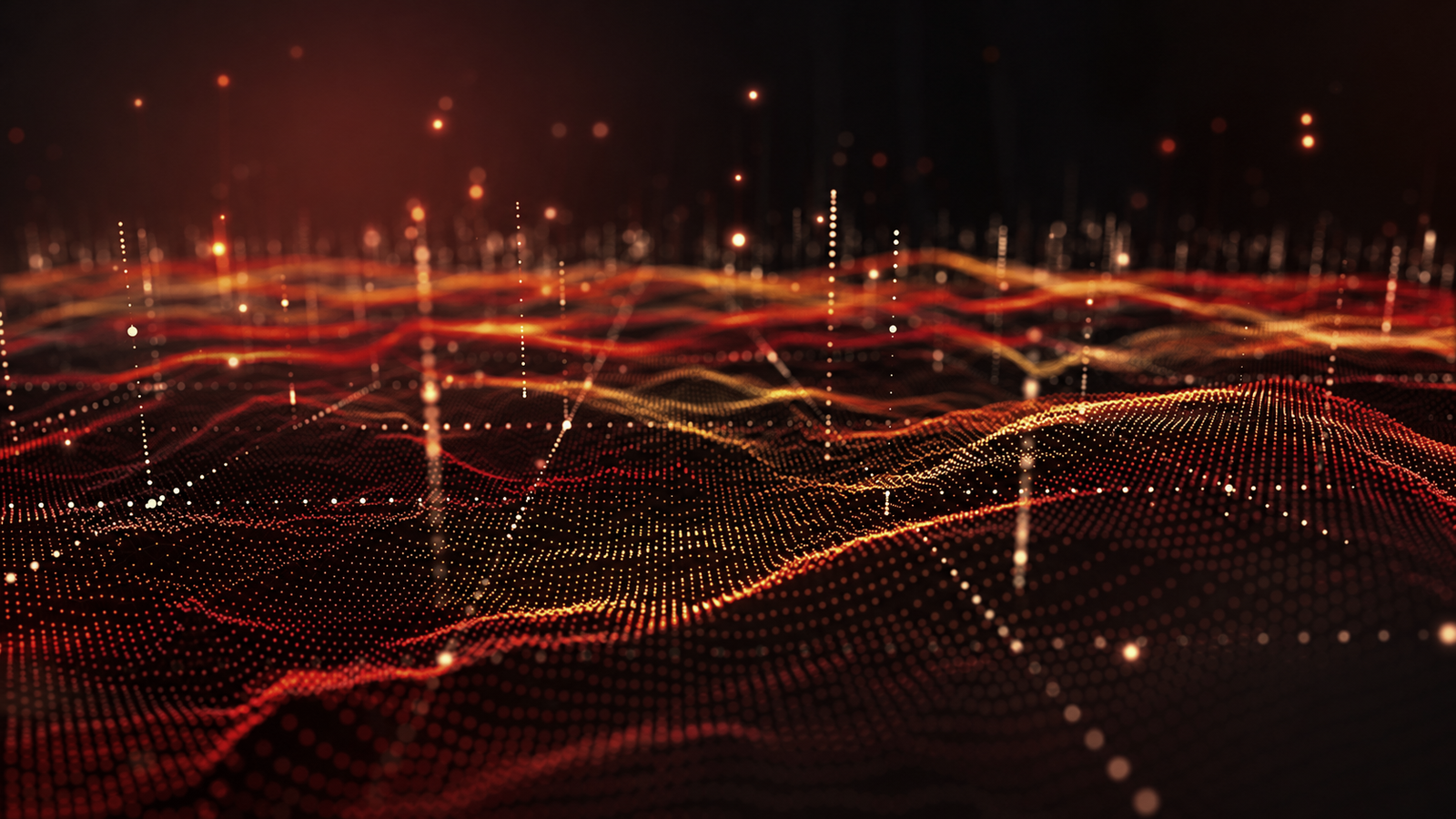 Abstract red and orange digital terrain grid with glowing peaks on a dark background.