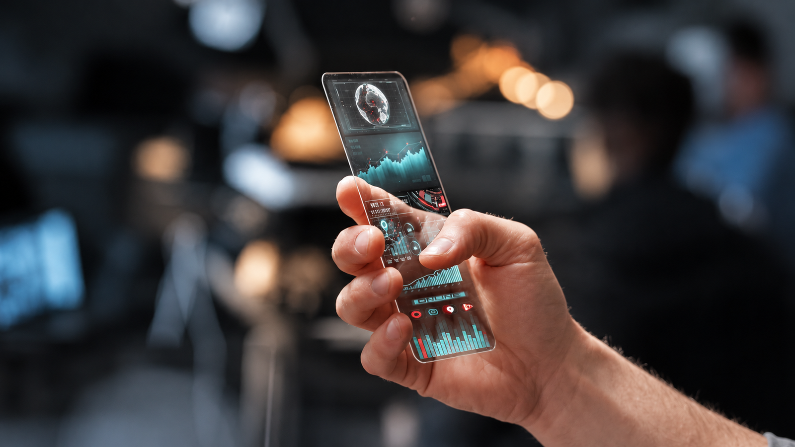 Hand holding a holographic smartphone