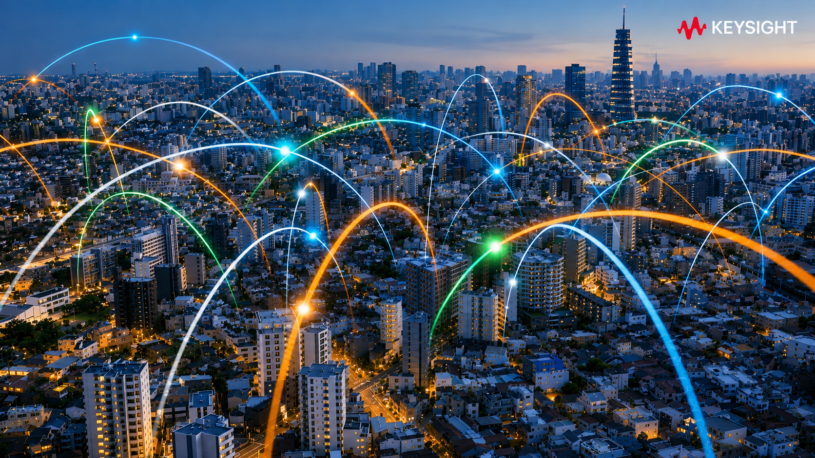 Illustrated network lines arcing across a city