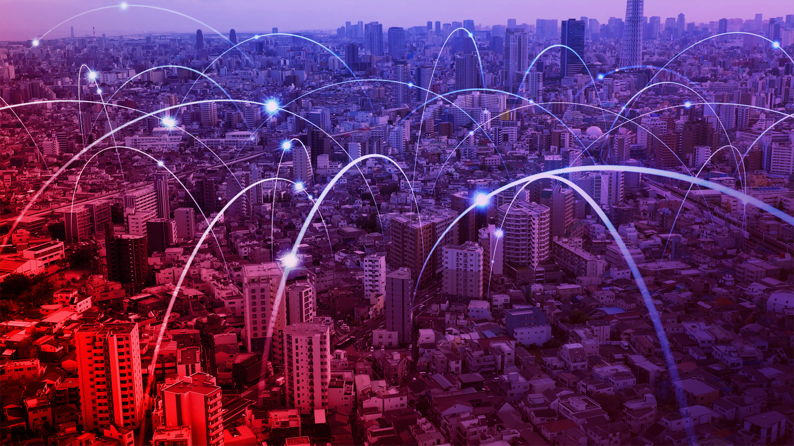 Cityscape with lines showing interconnected networks