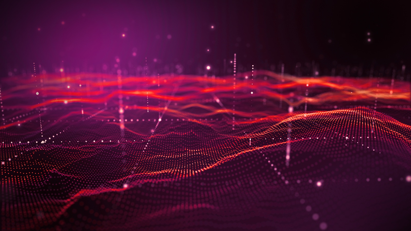 Abstract red and orange digital terrain grid with glowing peaks on a dark background.