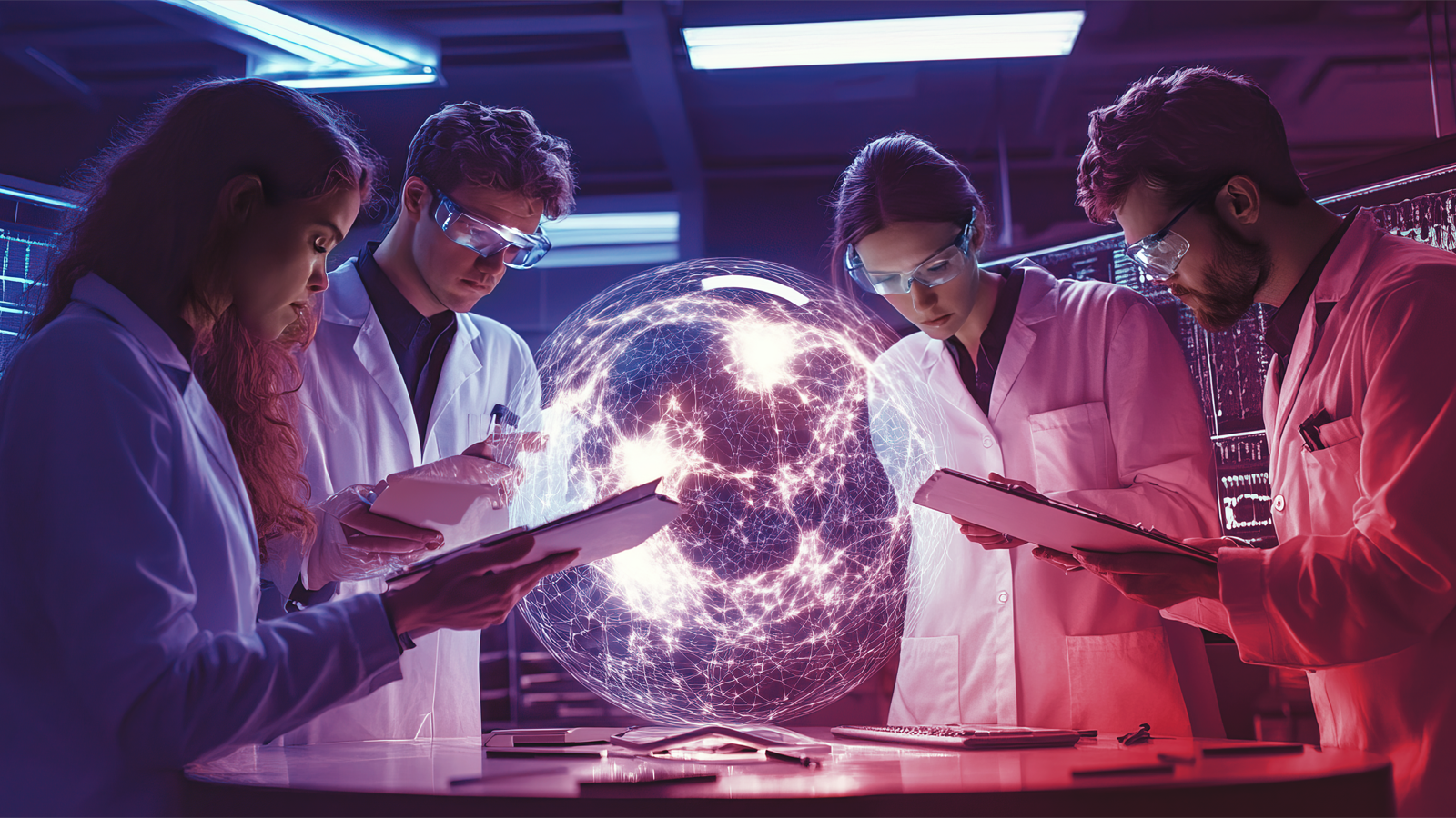 Professionals viewing a digital globe