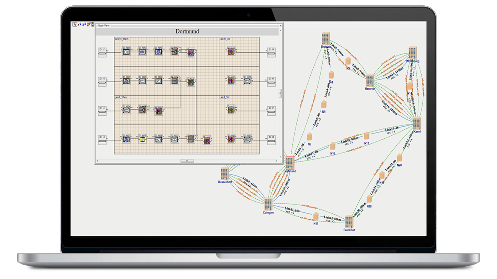 Optical Network Design (VPIlinkDesigner) software on laptop