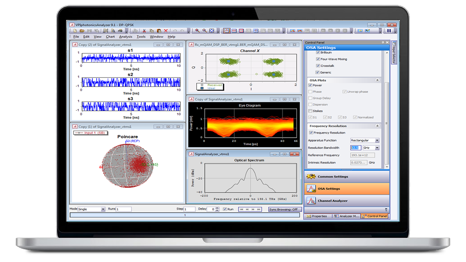 Optical Transmission System Simulation (VPItransmissionMaker Optical Systems) software on laptop