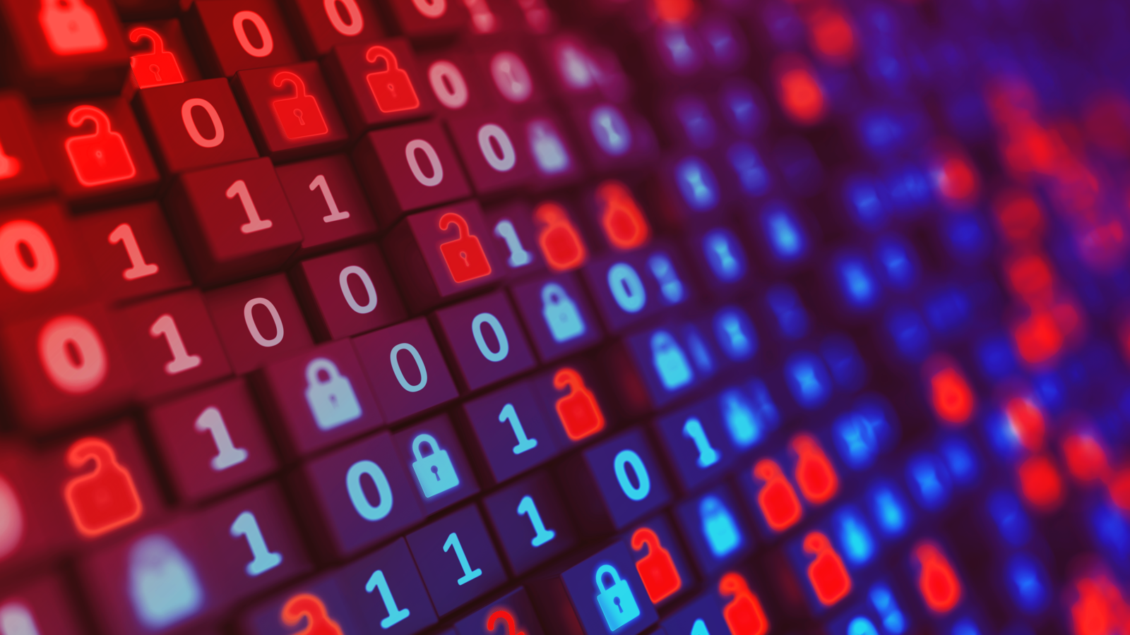 Grid of cubes displaying binary digits and locked and unlocked padlock icons