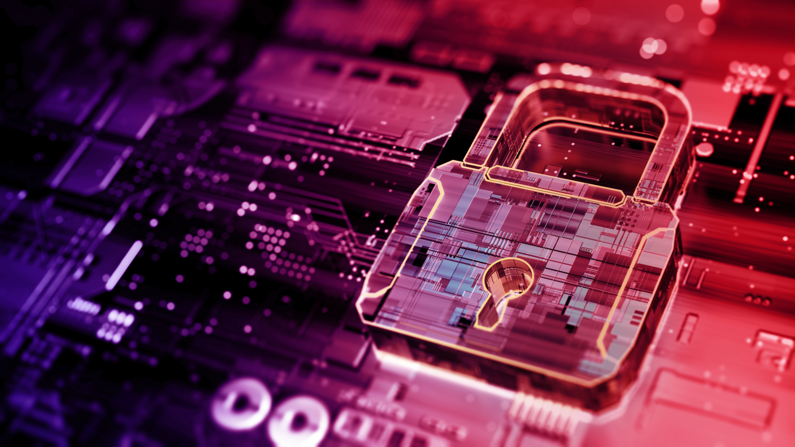 Glowing padlock with a keyhole on a circuit board