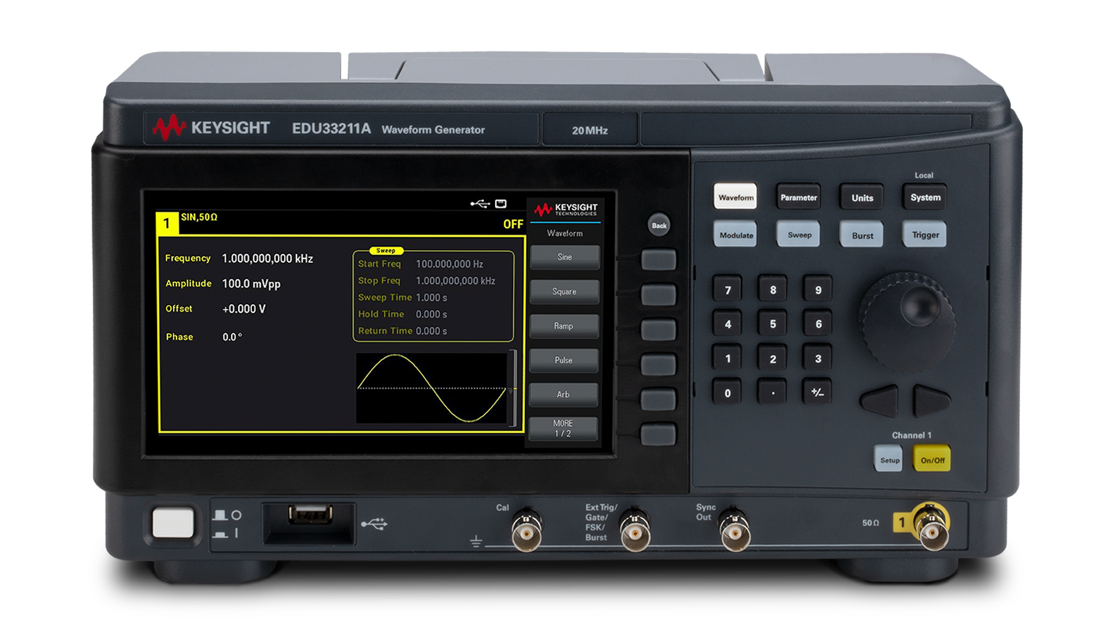 EDU33211A 20 MHzファンクション／任意波形発生器ーフロントトップ