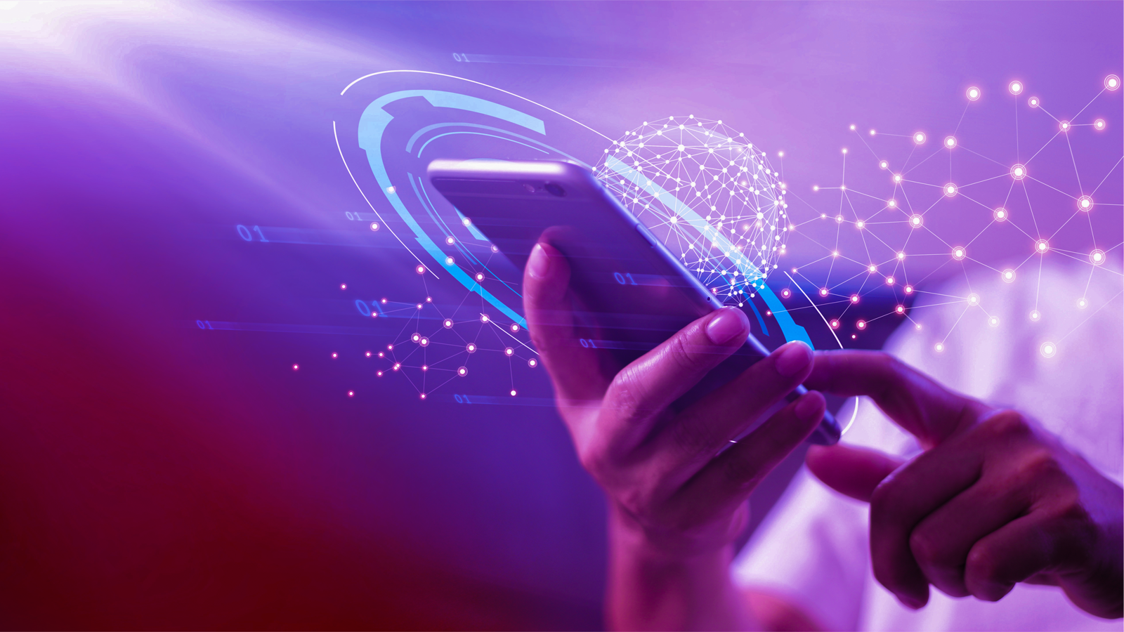 Smartphone with overlay showing interconnected networks