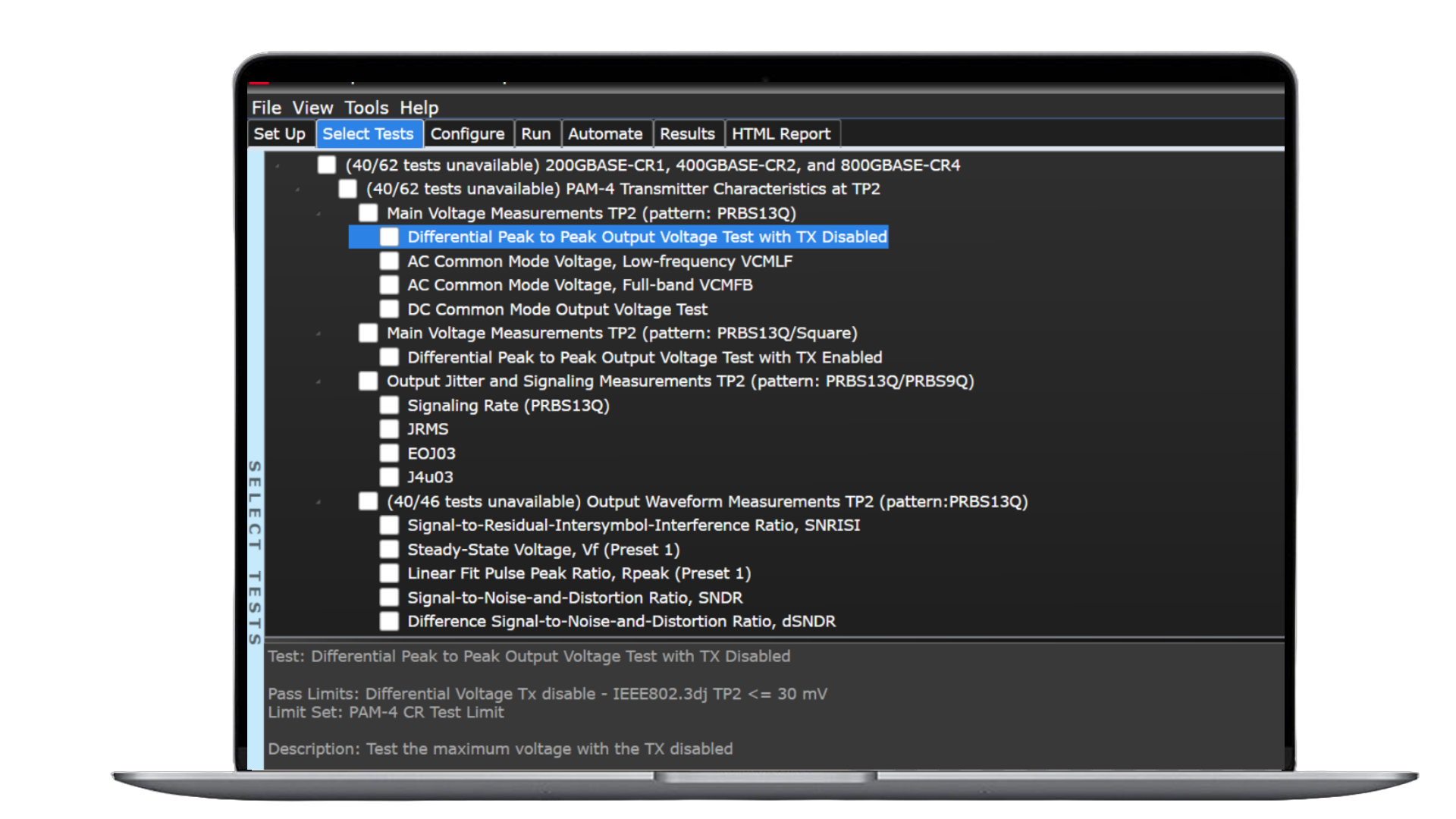 D90203UAC Test Application Select Test