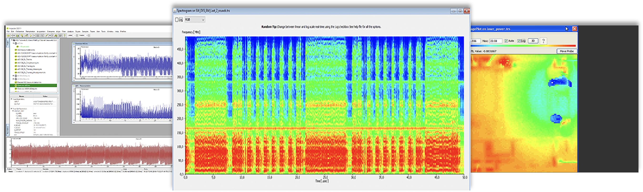 Screenshots of Keysight Inspector SC Side Channel Analysis software suite