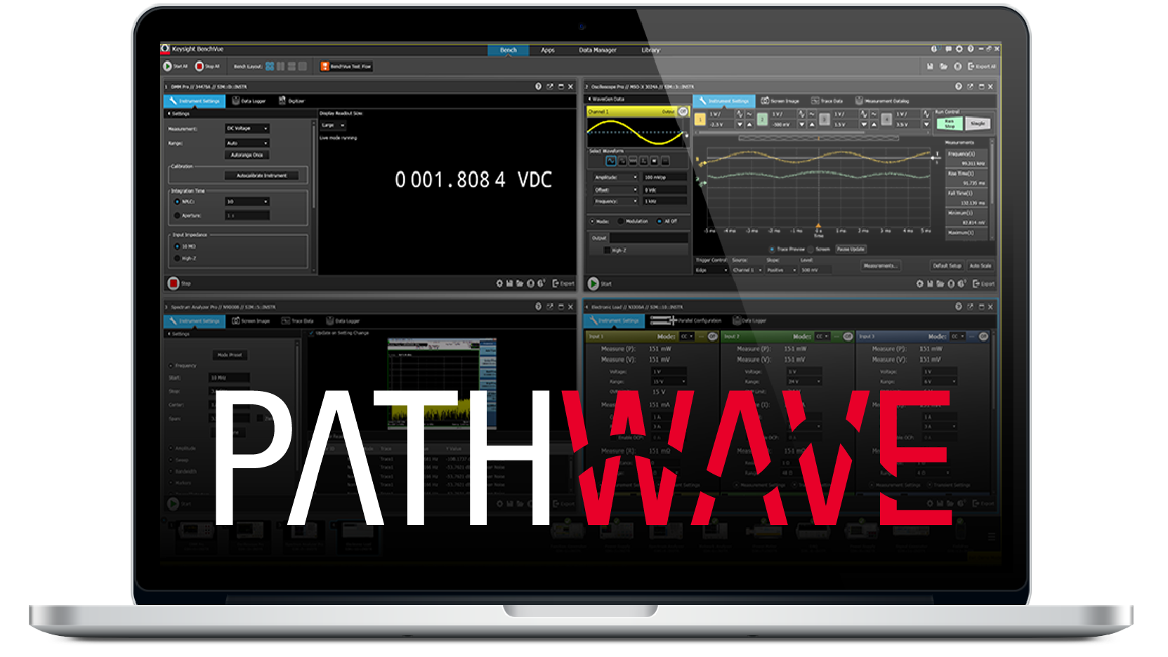 PathWave 설계 및 테스트 소프트웨어를 보여주는 노트북 이미지