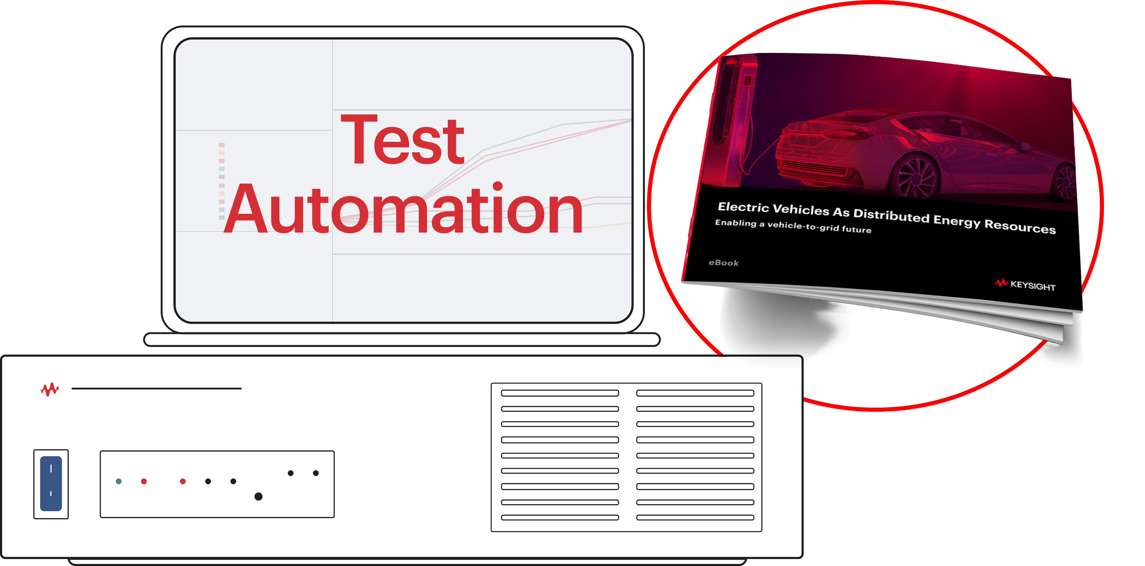 컴퓨터 하드웨어 위에 놓인 노트북의 선화 이미지로, 노트북 화면에는 "test automoation"이라는 용어가 표시되어 있습니다. 오른쪽에는 빨간색으로 윤곽선이 그려진 원 안에 "Electric Vehicles as Distributed Energy Resources"라는 제목의 책이 있습니다.